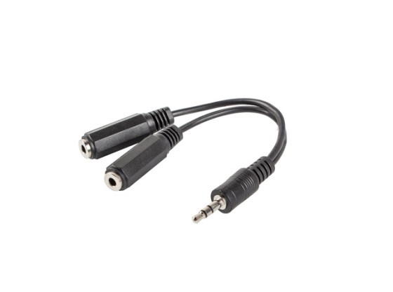 КАБЕЛЬ-ПЕРЕХОДНИК MINIJACK 3.5MM(M) 3PIN->2X MINIJACK 3.5MM(F) 3PIN 10CM BLACK LANBERG