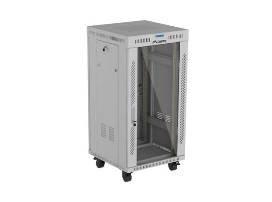 19-дюймовый отдельно стоящий серверный шкаф 22U/600×600 (в разобранном виде) со стеклянной дверью, для ЖК-мониторов, серый, LANBERG V2